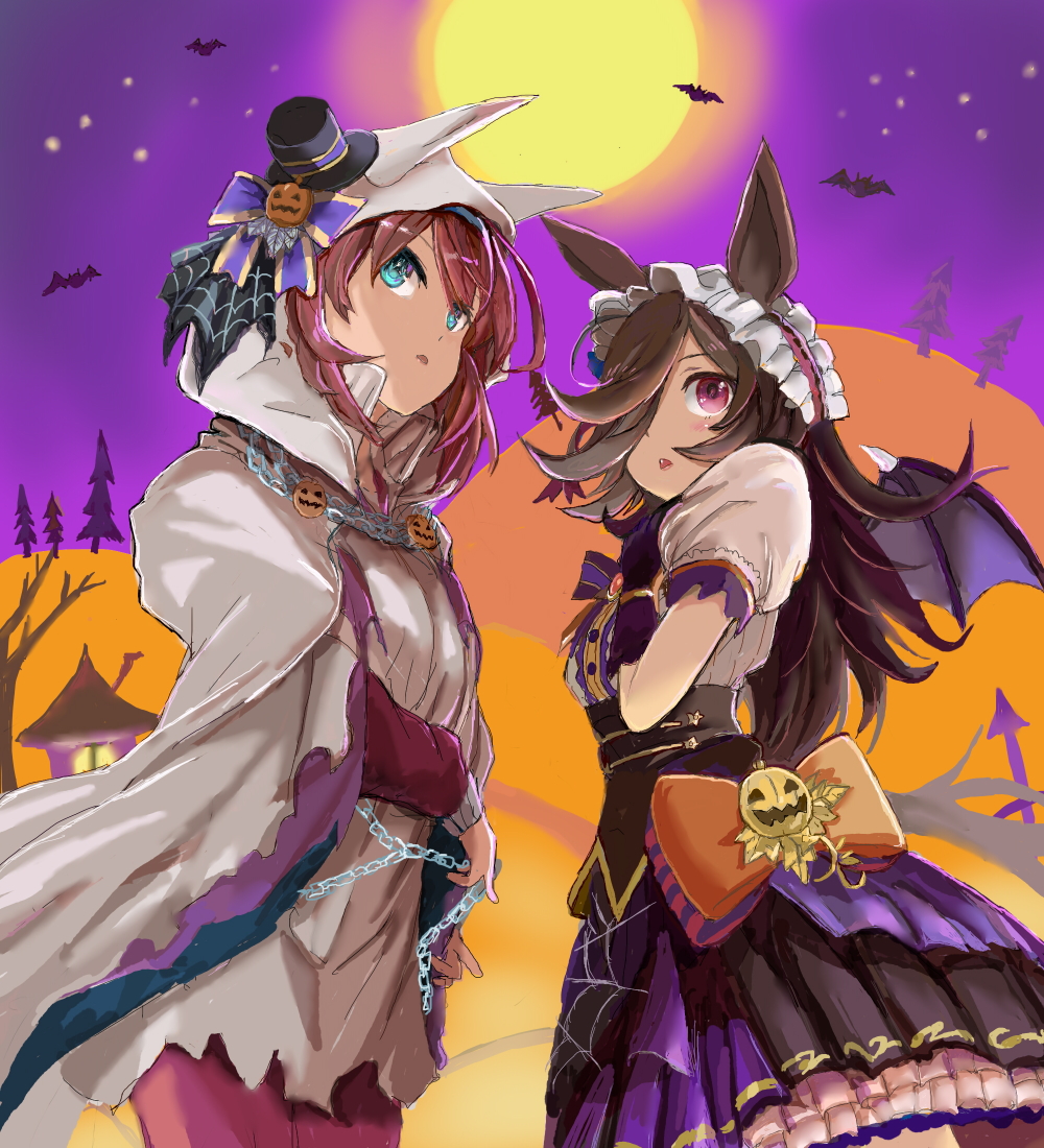 2girls, animal_ears, animal_hood, black_hair, black_headwear, black_skirt, bow, breasts