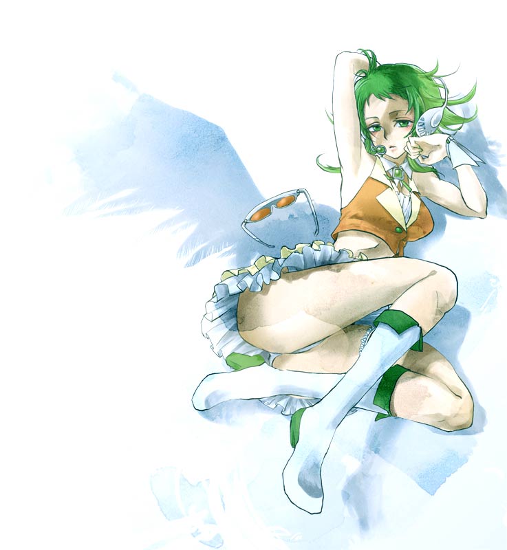 1girl, armpits, bad_id, bad_pixiv_id, female_focus, glasses, green_eyes, green_hair