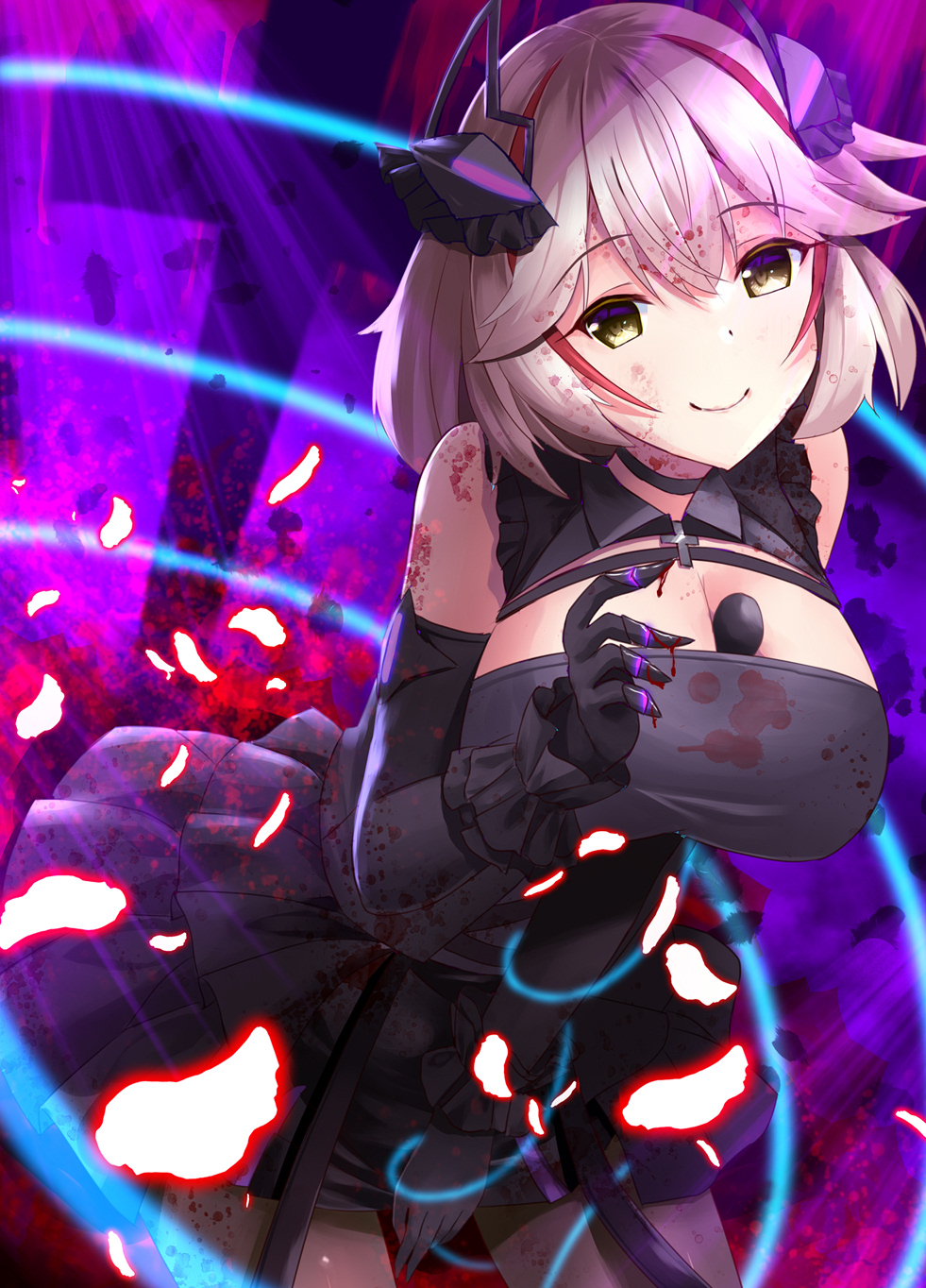 1girl, azur_lane, between_breasts, black_dress, black_gloves, blonde_hair, blood, blood_on_clothes