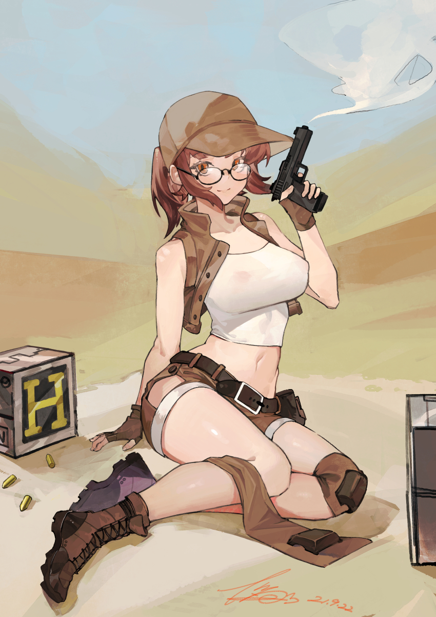 1girl, absurdres, arm_support, bare_shoulders, belt, black-framed_eyewear, black_belt, blouse, boots, breasts, brown_boots, brown_eyes, brown_gloves, brown_hair, brown_headwear, brown_shorts, brown_vest, bullet, closed_mouth, collarbone, combat_boots, commentary, covered_erect_nipples, crop_top, dated, desert, finger_on_trigger, fingerless_gloves, fio_germi, glasses, gloves, gun, highres, holding, holding_gun, holding_weapon, knee_pads, large_breasts, linween, long_hair, looking_at_viewer, metal_slug, navel, no_bra, on_floor, outdoors, ponytail, see-through_clothes, see-through_shirt, shirt, short_shorts, shorts, sidelocks, signature, sitting, sky, smile, smoke, smoking_barrel, solo, utility_belt, vest, weapon, white_shirt
