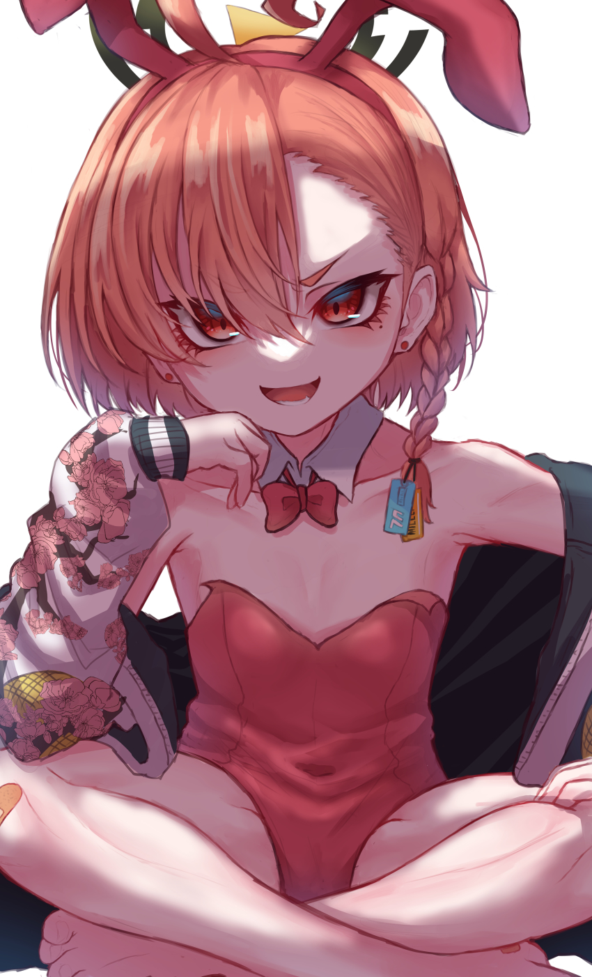 1girl, absurdres, animal_ears, barefoot, blue_archive, bow, bowtie, braid