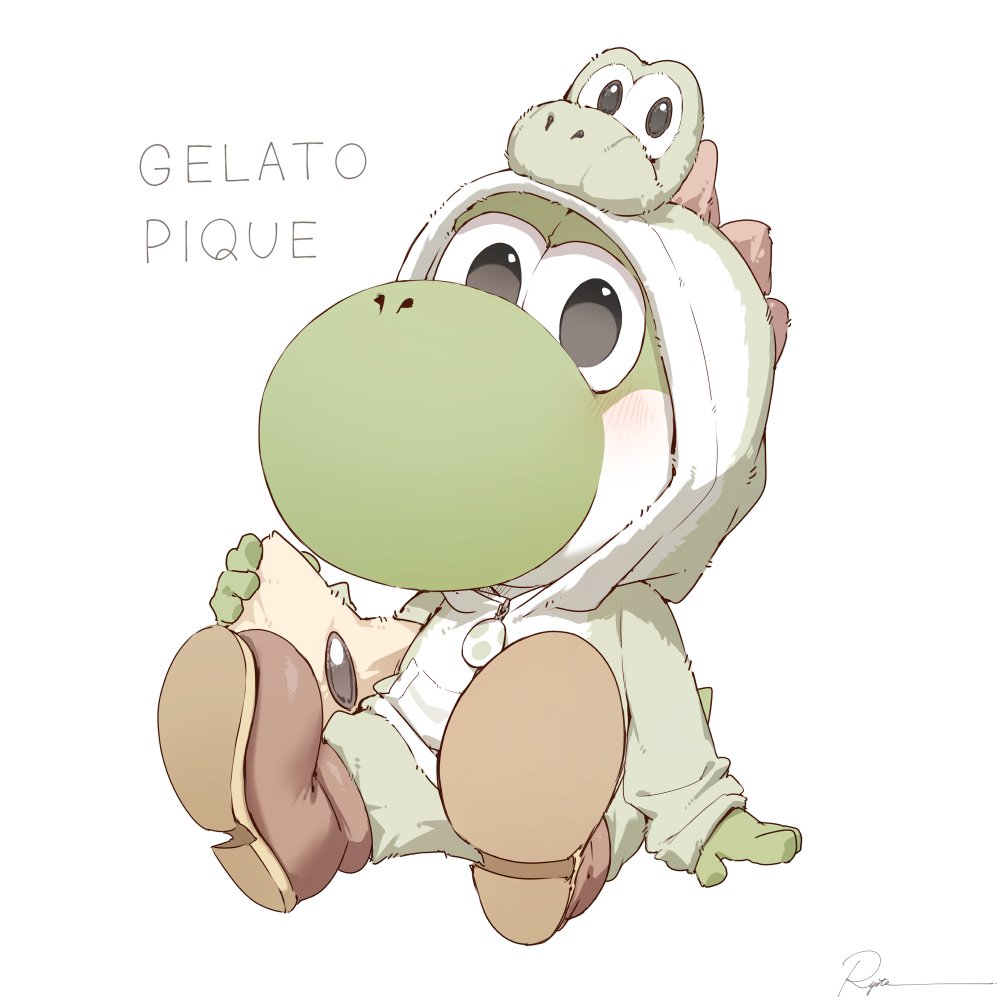 1other, black_eyes, boots, full_body, gelato_pique, holding, hood, hood_up, long_sleeves, looking_at_viewer, mario_(series), nintendo, no_humans, ryota_(ry_o_ta), signature, simple_background, sitting, spread_legs, star_(symbol), super_star_(mario), white_background, yoshi, yoshi_egg, zipper