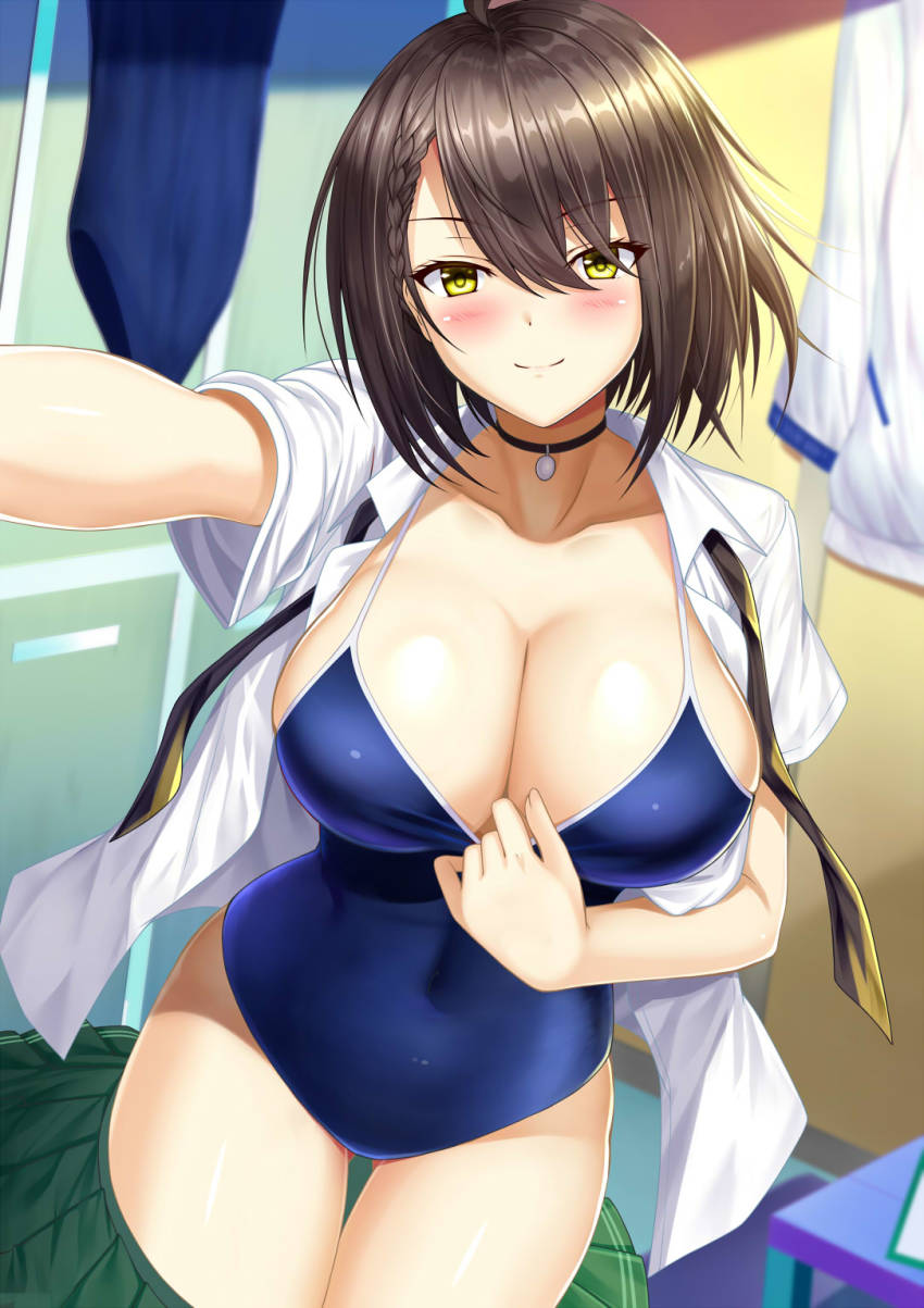 1girl, azur_lane, baltimore_(after-school_ace)_(azur_lane), baltimore_(azur_lane), blue_one-piece_swimsuit, blush, braid, breasts