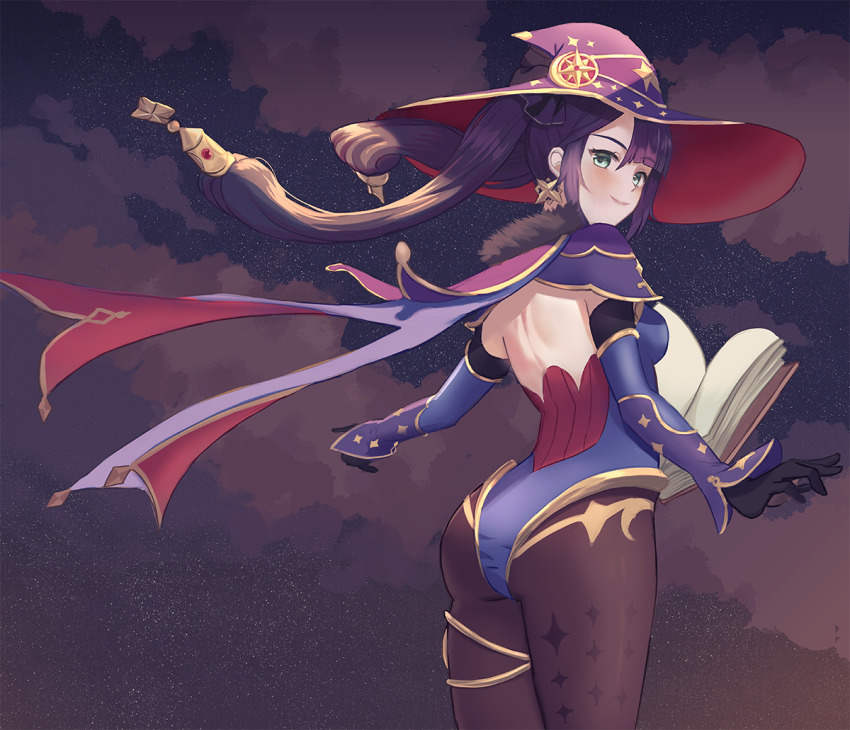 1girl, ass, bare_back, black_gloves, black_hair, black_pantyhose, book, cape