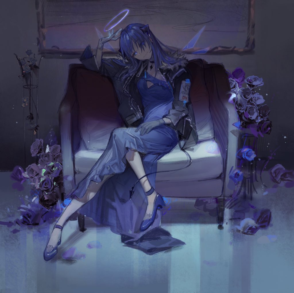 1girl, alternate_costume, arknights, blue_dress, blue_eyes, blue_hair, choker, demon_horns