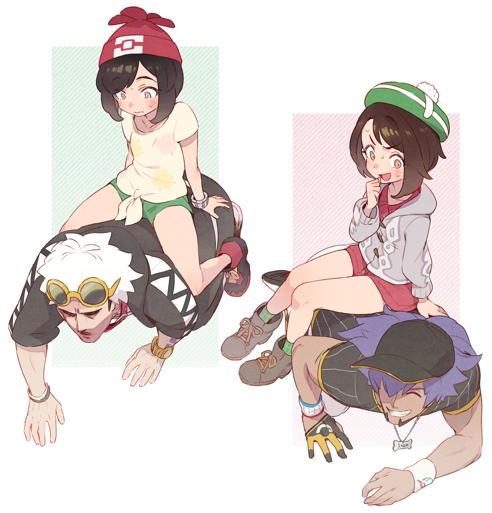2boys, 2girls, :d, all_fours, arm_tattoo, baseball_cap, beanie, black_jacket, blush, bob_cut, boots, brown_eyes, brown_footwear, brown_hair, buttons, cable_knit, cardigan, champion_uniform, closed_mouth, collared_dress, commentary_request, dark-skinned_male, dark_skin, dress, dynamax_band, eyewear_on_head, facial_hair, floral_print, gloria_(pokemon), gloves, green_headwear, green_legwear, green_shorts, grey_cardigan, guzma_(pokemon), hat, hood, hooded_cardigan, hooded_jacket, jacket, knees, leon_(pokemon), long_hair, multiple_boys, multiple_girls, nintendo, open_mouth, partially_fingerless_gloves, plaid_clothes, plaid_legwear, pokemon, pokemon_sun_and_moon, pokemon_sword_and_shield, purple_hair, red_headwear, selene_(pokemon), shirt, shoes, short_hair, short_shorts, short_sleeves, shorts, single_glove, sitting, smile, sneakers, socks, sunglasses, t-shirt, tam_o'_shanter, tattoo, team_skull, ter_(otokoter), tied_shirt, tongue, wavy_mouth, white_hair, yellow-framed_eyewear