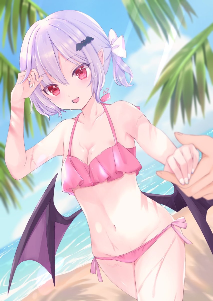 1girl, 1other, alternate_costume, alternate_hairstyle, arm_up, bad_id, bad_twitter_id, bat_hair_ornament