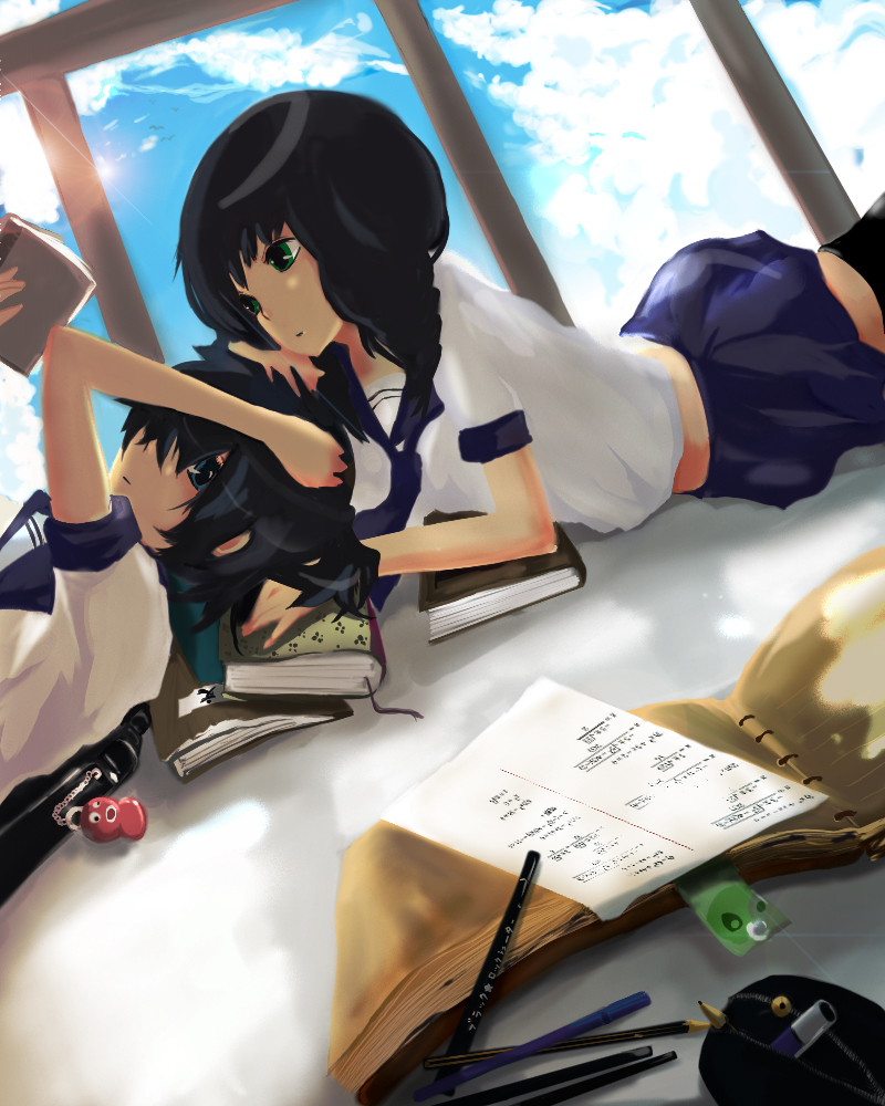 10s, 2girls, black_hair, black_rock_shooter, black_rock_shooter_(character), blue_eyes, book, cloud