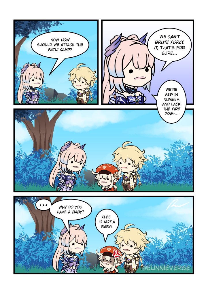 1boy, 1girl, 2girls, :o, aether_(genshin_impact), ahoge, anger_vein, braid, newsboy_cap, clover_print, commentary, english_commentary, english_text, eunnieverse, genshin_impact, gradient_hair, hair_between_eyes, hair_ornament, hat, hat_feather, hat_ornament, klee_(genshin_impact), light_brown_hair, long_hair, long_sleeves, low_ponytail, low_twintails, midriff, multicolored_hair, multiple_girls, o_o, pink_hair, pointy_ears, ponytail, sangonomiya_kokomi, scarf, shaded_face, sidelocks, single_braid, sweat, thighhighs, twintails, zettai_ryouiki