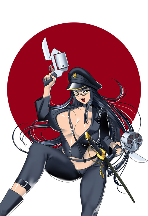 1girl, bad_id, bad_pixiv_id, black_hair, boots, breasts, center_opening, chain, cleavage, dual_wielding, fang, female_focus, glasses, gun, hat, holding, jacket, long_hair, original, oxide_(artist), smile, solo, sword, weapon, yellow_eyes