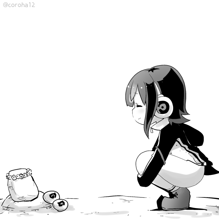 1girl, ^_^, alpha_transparency, bird, closed_eyes, coroha, flower_wreath, food, from_side, ghost, grape-kun, grave, greyscale, headphones, hood, hood_down, hoodie, humboldt_penguin_(kemono_friends), japari_bun, japari_symbol, kemono_friends, kemono_friends_v_project, monochrome, penguin, profile, short_hair, simple_background, smile, squatting, twitter_username, virtual_youtuber, when_you_see_it, white_background