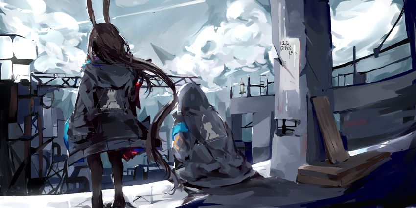 1other, 2girls, amiya_(arknights), animal_ears, arknights, back, black_jacket, building, dinrlala, doctor_(arknights), highres, jacket, kal'tsit_(arknights), looking_away, multiple_girls, rabbit_ears, rhodes_island_logo_(arknights), scenery, sitting