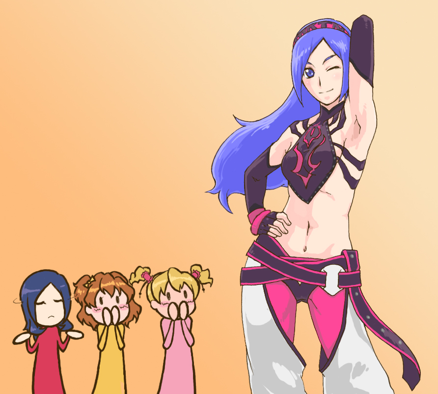 4girls, aono_miki, armpits, baggy_pants, belt, belt_skirt, blue_hair, blush, brown_hair, capcom, chaps, chibi, cosplay, detached_sleeves, elbow_gloves, fingerless_gloves, fresh_precure!, gloves, hairband, han_juri, han_juri_(cosplay), hand_on_own_hip, higashi_setsuna, hip_focus, kitamura_eri, long_hair, midriff, momozono_love, multiple_girls, navel, one_eye_closed, pants, precure, voice_actor_connection, short_twintails, shrugging, side_ponytail, smile, street_fighter, street_fighter_iv_(series), twintails, uyoshi, wink, yamabuki_inori