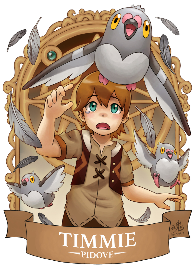 1boy, banner, bird, brown_hair, character_name, commentary, crossover, dove