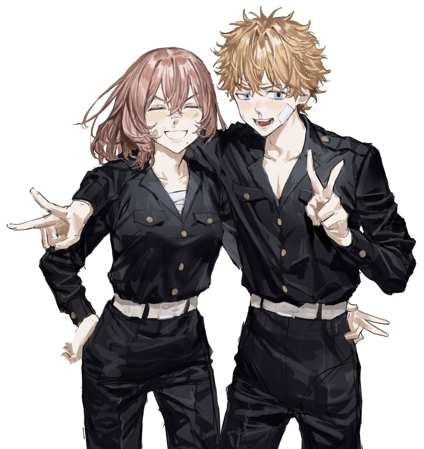 1boy, 1girl, absurdres, arm_around_shoulder, bandaid, bandaid_on_cheek, bandaid_on_face, bandaid_on_nose, belt, black_jacket, black_pants, blonde_hair, blue_eyes, blush, breasts, buttons, chamuring, closed_mouth, couple, double_v, hanagaki_takemichi, highres, injury, jacket, long_hair, looking_at_viewer, mole, mole_under_mouth, open_mouth, pants, pink_hair, short_hair, smile, tachibana_hinata_(tokyo_revengers), teeth, tokyo_revengers, v, white_background, white_belt