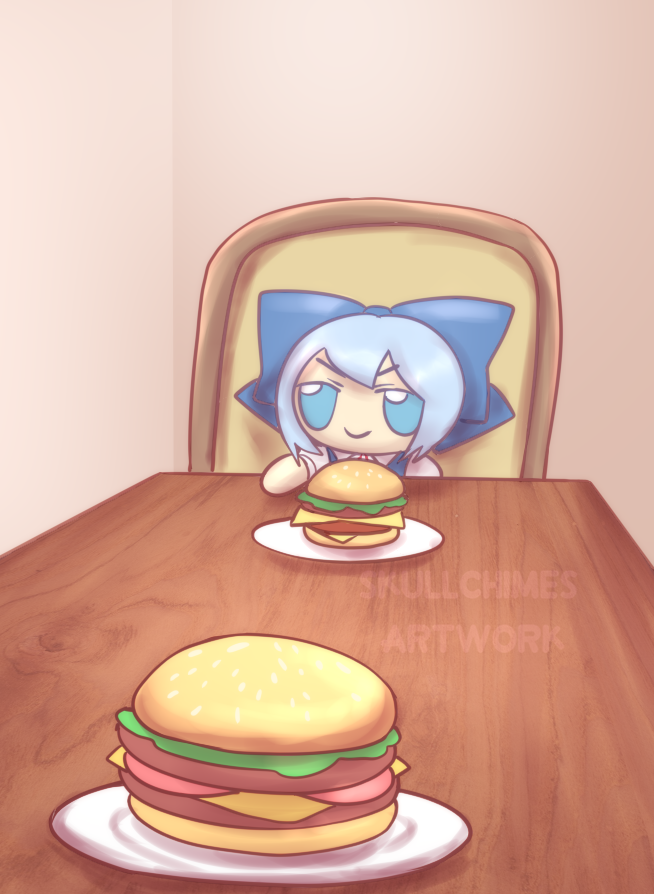 1girl, artist_name, blue_bow, blue_dress, blue_eyes, blue_hair, bow, burger