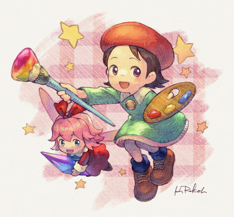 2girls, adeleine, beret, black_hair, blue_eyes, dress, fairy, fairy_wings