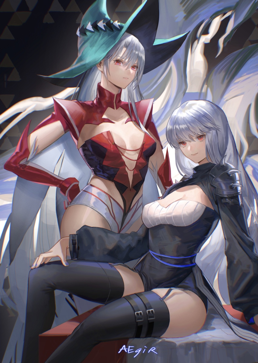 2girls, absurdres, adapted_costume, aqua_headwear, arknights, black_legwear, blue_nails, breasts, buckle, cleavage, closed_mouth, commentary, covered_navel, elbow_gloves, english_commentary, feet_out_of_frame, gloves, hand_on_own_hip, hand_on_own_knee, highres, leotard, long_hair, long_sleeves, looking_at_viewer, medium_breasts, multiple_girls, nail_polish, official_alternate_costume, red_eyes, red_gloves, red_leotard, serious, shrug_(clothing), silver_hair, sitting, skadi_(arknights), skadi_the_corrupting_heart_(arknights), smile, sodiumcc, specter_(arknights), standing, strapless, strapless_leotard, thigh_strap, thighhighs, very_long_hair