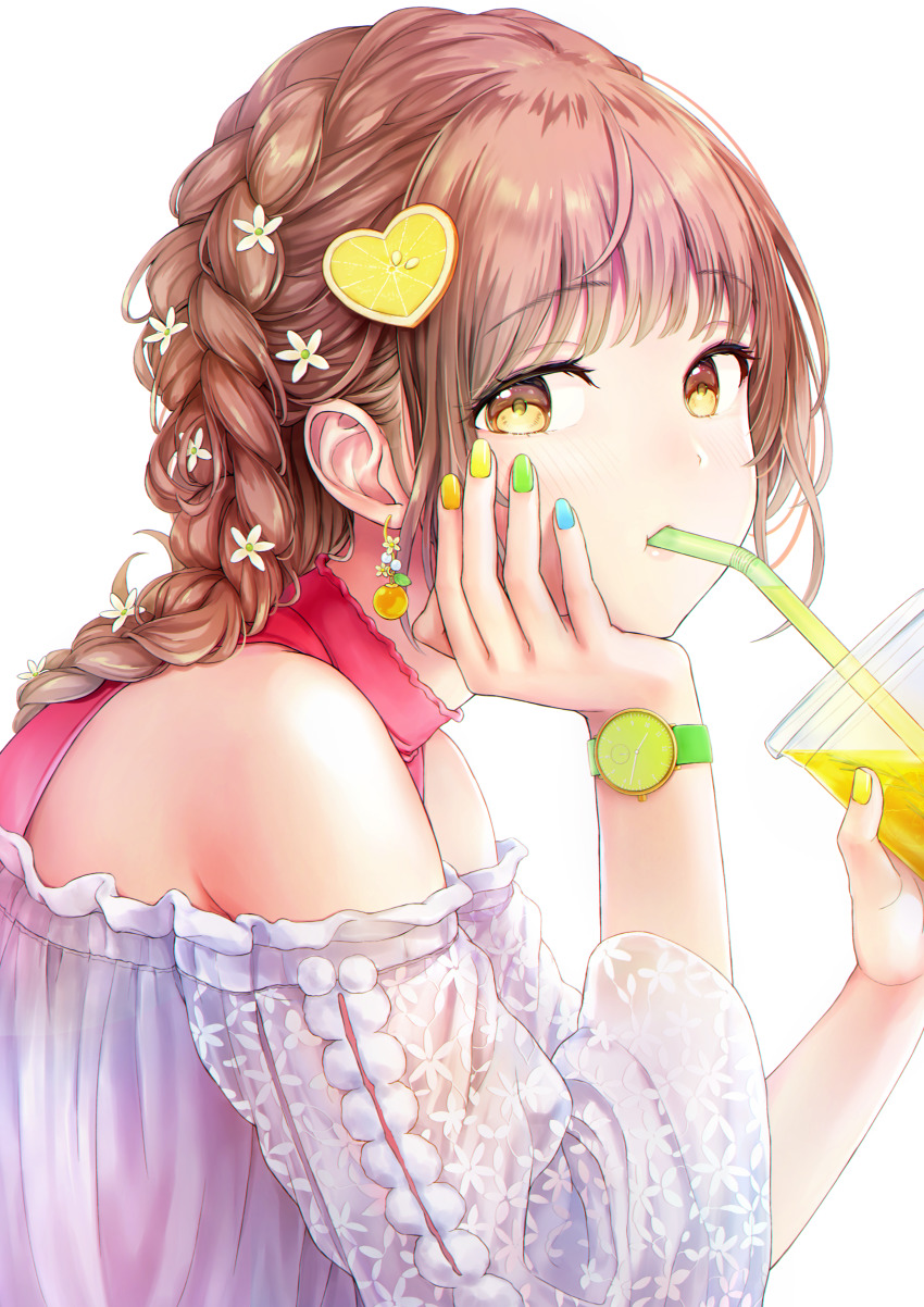 1girl, absurdres, armpit_crease, arms_up, bare_shoulders, blue_nails, braid, braided_ponytail