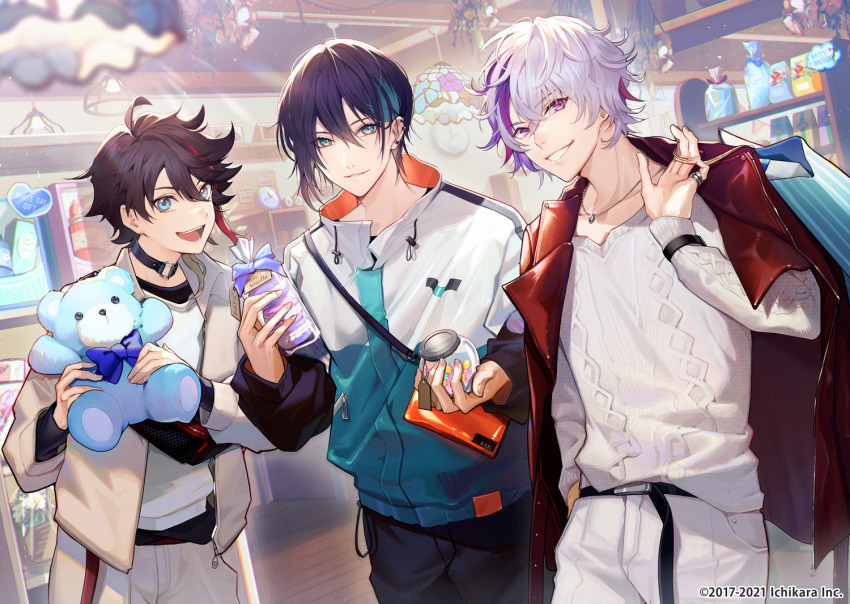 3boys, :d, aran_sweater, bag, black_hair, black_pants, blue_eyes, blue_hair, blue_jacket, brown_jacket, cable_knit, commentary_request, copyright_notice, ear_piercing, earrings, fuwa_minato, grin, hair_between_eyes, holding, holding_bag, holding_stuffed_toy, indoors, jacket, jacket_on_shoulders, jewelry, long_sleeves, male_focus, mayuzumi_kai, meshers_(nijisanji), multicolored_hair, multiple_boys, nijisanji, official_art, open_clothes, open_jacket, open_mouth, pants, paper_bag, piercing, purple_hair, red_hair, red_jacket, riz3, saegusa_akina, shirt, shopping_bag, smile, streaked_hair, stud_earrings, stuffed_animal, stuffed_toy, sweater, teddy_bear, teeth, upper_teeth_only, virtual_youtuber, watermark, white_hair, white_jacket, white_pants, white_shirt, white_sweater, wooden_floor
