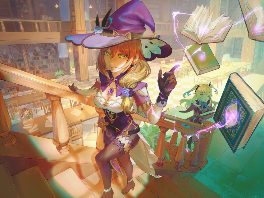 3girls, black_gloves, black_thighhighs, blonde_hair, bodystocking, book, bookshelf, breasts, chair, cleavage, closed_mouth, dress, earrings, electricity, ella_musk, eyepatch, fischl_(genshin_impact), flower, genshin_impact, gloves, green_eyes, hair_between_eyes, hair_flower, hair_ornament, hair_ribbon, hat, hat_flower, high_heels, highres, holding, holding_book, jewelry, library, light_brown_hair, lips, lisa_(genshin_impact), long_hair, looking_at_viewer, magic, mizuku_hei, multiple_girls, parted_lips, purple_headwear, railing, reading, ribbon, rose, signature, sitting, stairs, table, thighhighs, two_side_up, vision_(genshin_impact), walking, witch_hat