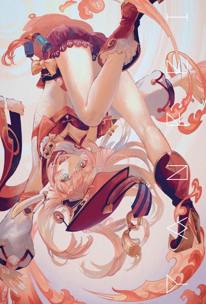 1girl, antenna_hair, aqua_eyes, boots, character_name, crop_top, detached_sleeves, genshin_impact, hat, high_heel_boots, high_heels, highres, long_hair, looking_at_viewer, mizuku_hei, open_mouth, pink_hair, red_boots, red_hat, red_shorts, shorts, solo, tassel, upside-down, yanfei_(genshin_impact)