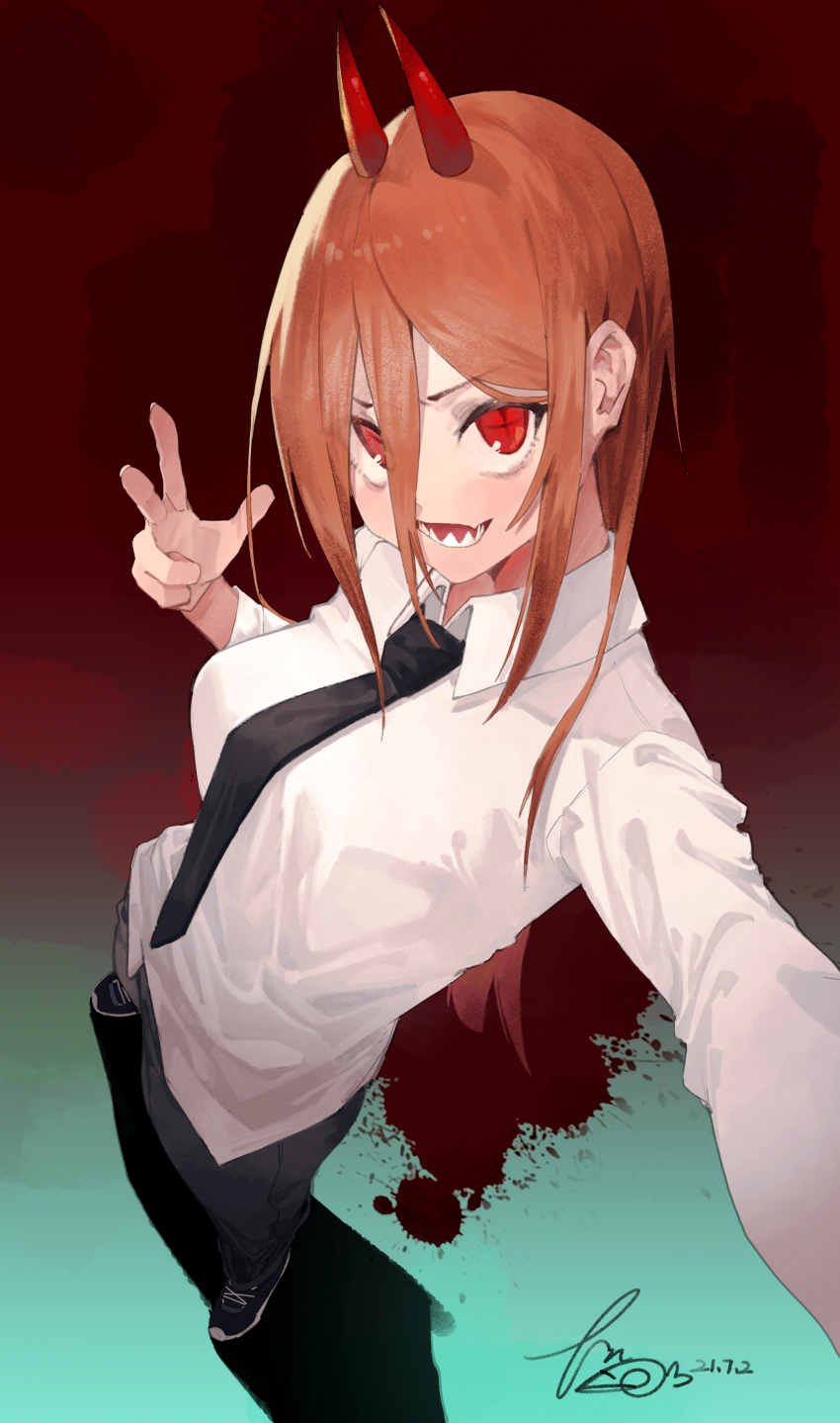 +_+, 1girl, absurdres, black_necktie, black_pants, blood, blood_splatter, chainsaw_man