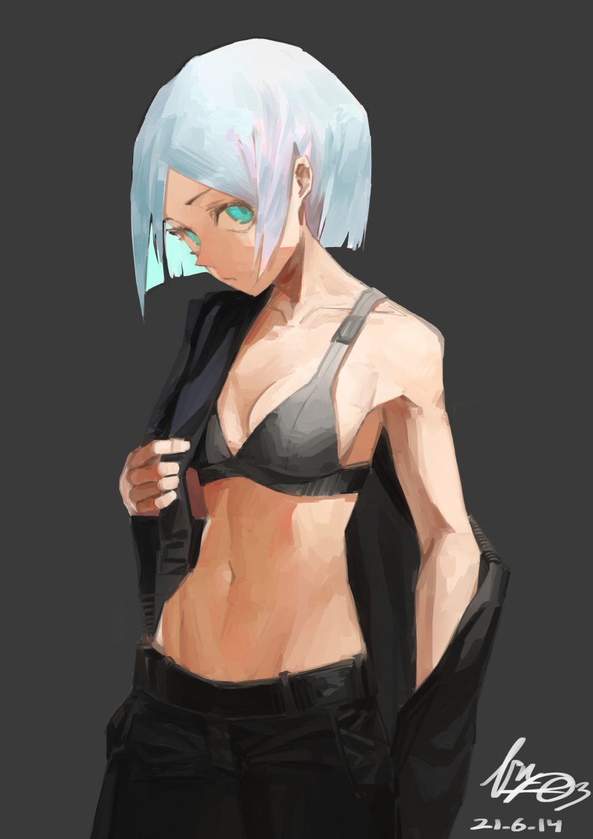1girl, absurdres, aqua_eyes, bare_shoulders, belt, blue_hair, bra, closed_mouth