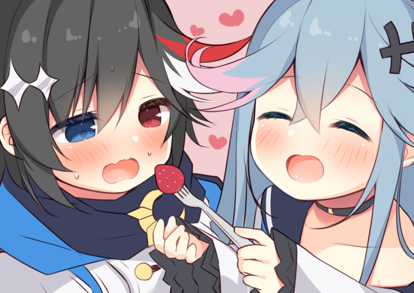 2girls, black_hair, black_sailor_collar, black_scarf, blue_eyes, blue_hair, closed_eyes, dress, feeding, food, fork, fruit, hair_between_eyes, hair_ornament, hanamiya_natsuka, heterochromia, holding, holding_fork, long_sleeves, mary_skelter, mermaid_(mary_skelter), multicolored_hair, multiple_girls, open_mouth, otsuu_(mary_skelter_2), pink_background, pink_hair, red_eyes, red_hair, sailor_collar, sailor_dress, scarf, simple_background, sleeves_past_wrists, strawberry, sweat, two-tone_hair, wavy_mouth, white_dress, white_hair, wide_sleeves, yuri