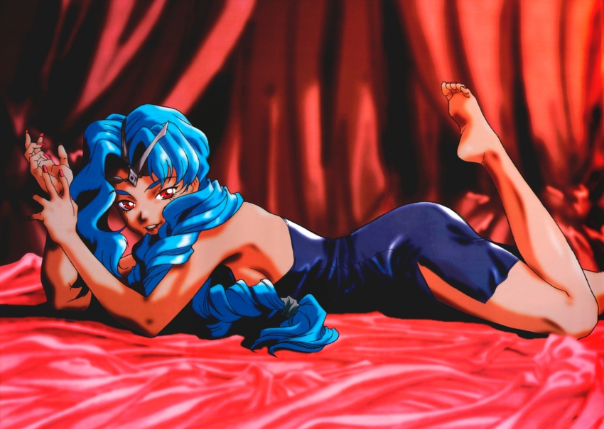 1girl, absurdres, artist_request, barefoot, bed, blue_dress, blue_hair, braid