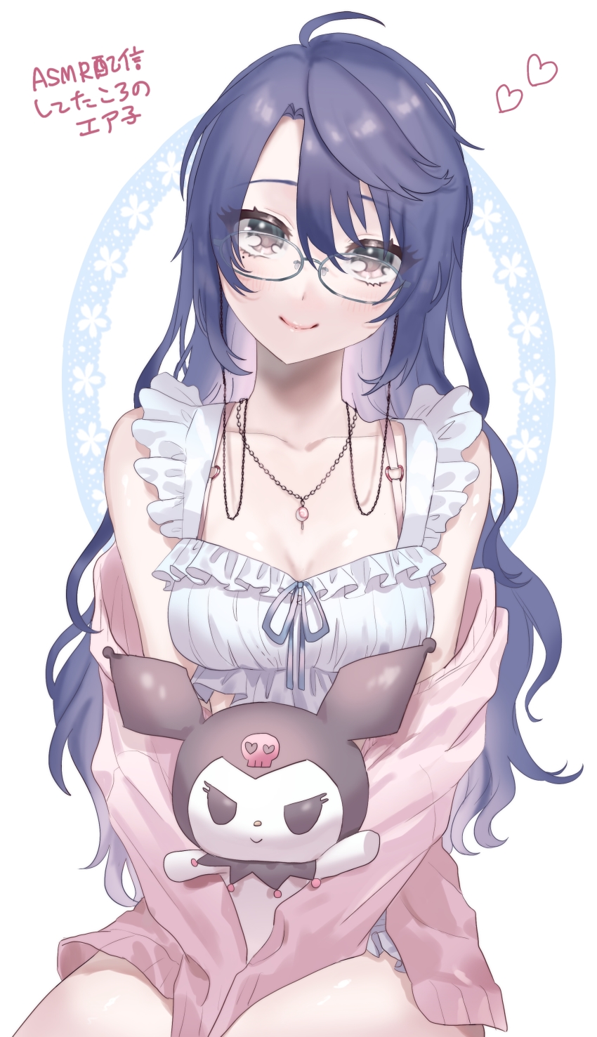 1girl, absurdres, bare_shoulders, between_legs, blue_hair, blue_ribbon, bra_strap, breasts, cardigan, frilled_shirt, frilled_shorts, frills, genderswap, genderswap_(mtf), grey_eyes, hair_between_eyes, hand_between_legs, harusaki_air, heart, highres, hugging_object, jewelry, kuromi, long_hair, looking_at_viewer, loveodoro, medium_breasts, mole, mole_under_eye, my_melody_(series), necklace, nijisanji, pajamas, parted_bangs, pink_cardigan, ribbon, sanrio, shirt, shorts, sitting, smile, solo, stuffed_toy, v_arms, very_long_hair, virtual_youtuber, white_shirt, white_shorts