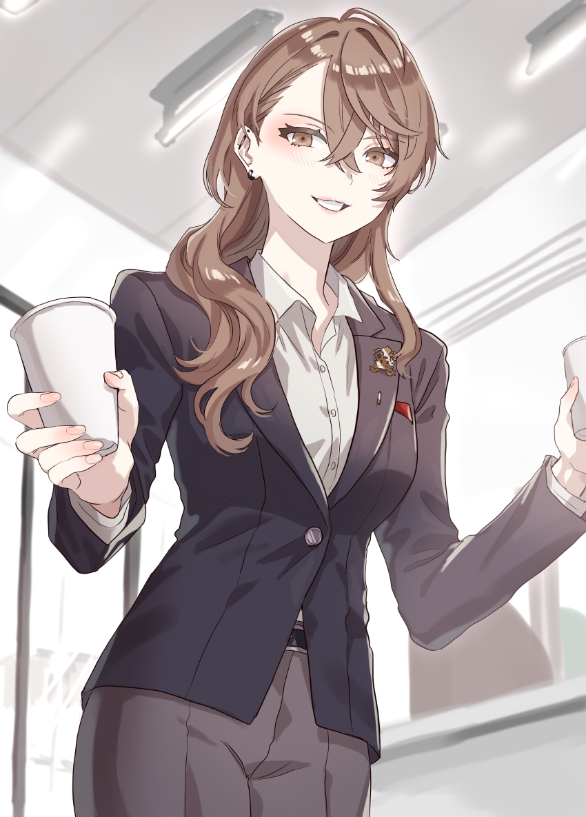 1girl, absurdres, asymmetrical_bangs, belt, black_belt, black_jacket, blush, brown_eyes, brown_hair, collared_shirt, crossed_bangs, cup, disposable_cup, dress_shirt, ear_piercing, formal_clothes, genderswap, genderswap_(mtf), grey_pants, grin, hair_between_eyes, hair_over_shoulder, highres, holding, holding_cup, indoors, jacket, kagami_hayato, kagami_hayato_(1st_costume), long_hair, long_sleeves, looking_at_viewer, loveodoro, nijisanji, pants, piercing, shirt, smile, solo, suit, virtual_youtuber, white_shirt