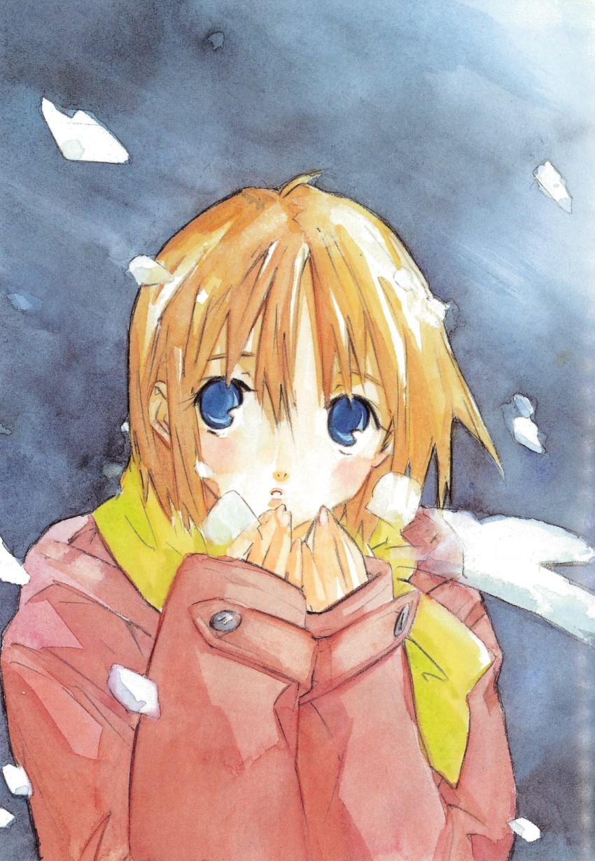 1girl, blonde_hair, blue_eyes, coat, highres, miyano_tomochika, morii_hidari, night, red_coat, scarf, sky, snow, warming_hands, winter_clothes, yellow_scarf, yubisaki_milk_tea