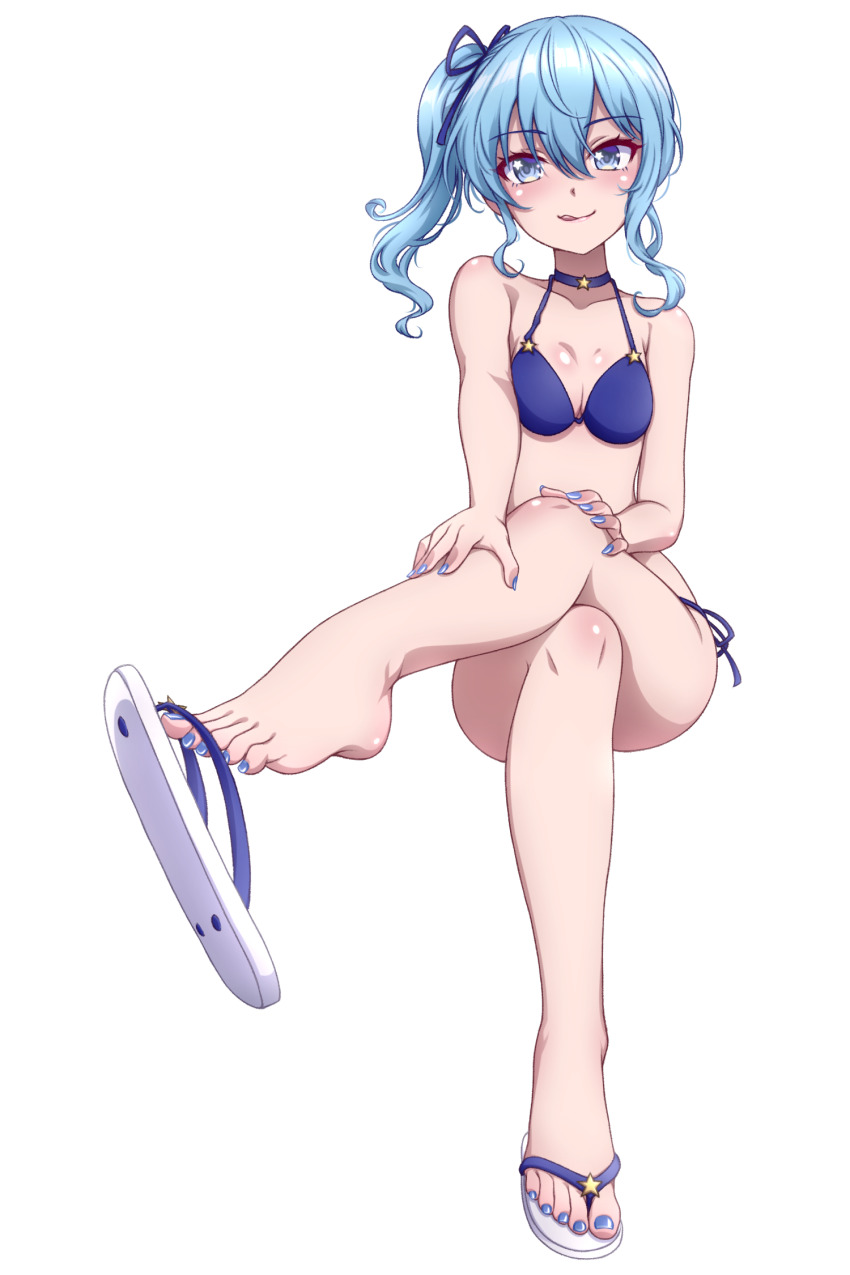1girl, :q, bare_arms, bare_legs, bare_shoulders, bikini, blue_bikini, blue_choker, blue_eyes, blue_hair, blue_nails, breasts, choker, collarbone, commentary, crossed_legs, feet, flip-flops, foot_focus, foreshortening, hair_between_eyes, hand_on_own_knee, hand_on_own_leg, highres, hololive, hoshimachi_suisei, licking_lips, long_hair, nail_polish, p-nekoe, sandals, shoe_dangle, shoe_soles, side-tie_bikini_bottom, side_ponytail, simple_background, sitting, small_breasts, solo, star_(symbol), star_in_eye, swimsuit, symbol_in_eye, toenail_polish, toenails, toes, tongue, tongue_out, virtual_youtuber, white_background