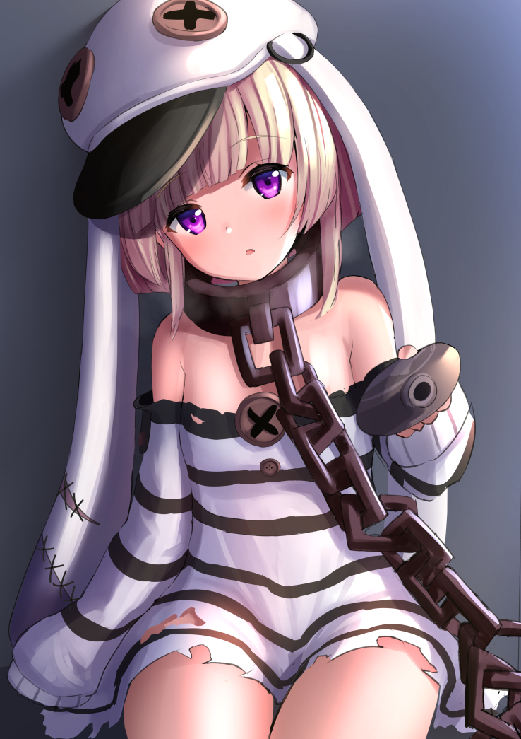 1girl, animal_ears, azur_lane, bare_shoulders, bdsm, blunt_bangs, bottle, newsboy_cap, chain, child, collar, commentary_request, detached_sleeves, dress, fake_animal_ears, grozny_(azur_lane), grozny_(bad_bunny_behind_bars)_(azur_lane), hat, head_tilt, holding, holding_bottle, leash, long_sleeves, looking_at_viewer, manda_(manda9n), official_alternate_costume, parted_lips, pink_hair, prison_clothes, purple_eyes, rabbit_ears, short_hair, short_hair_with_long_locks, sidelocks, sitting, slave, sleeves_past_wrists, solo, strapless, strapless_dress, striped, torn_clothes, torn_dress, vertical_stripes, water_bottle