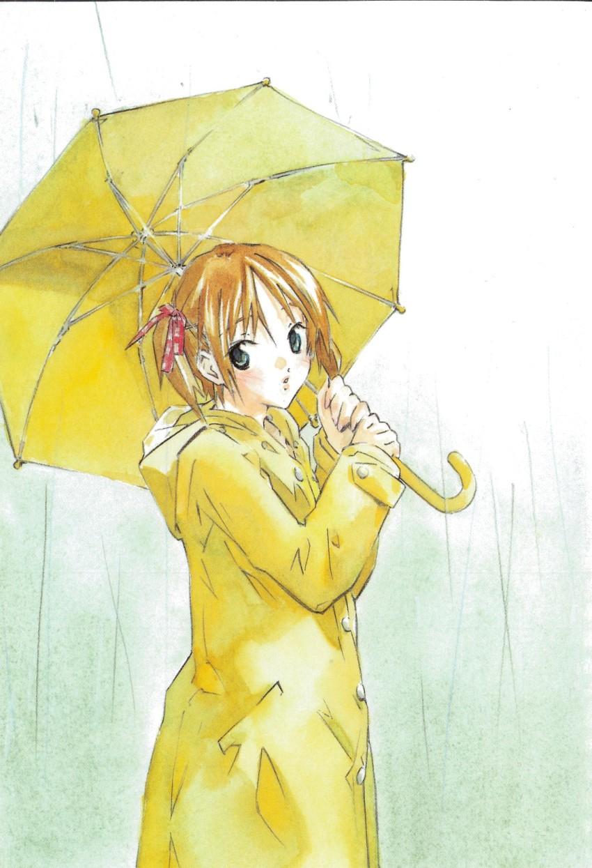 blonde_hair, blue_eyes, highres, miyano_tomochika, non-web_source, rain, raincoat, ribbon