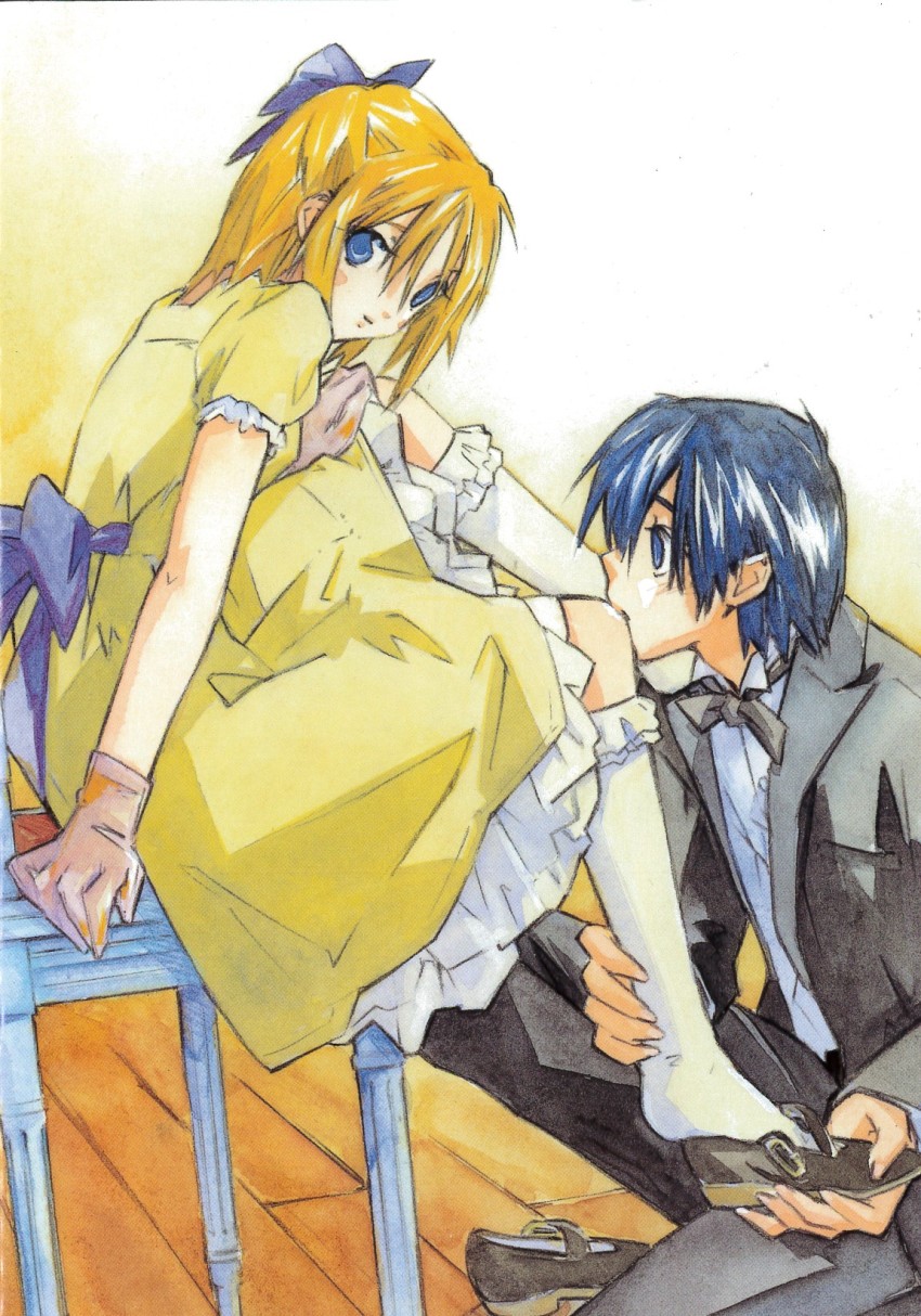 1boy, 1girl, blonde_hair, blue_eyes, blue_hair, dressing_another, formal_clothes, gloves, hetero, highres, kiss, miyano_tomochika, non-web_source, on_one_knee, ribbon, suit, yubisaki_milk_tea