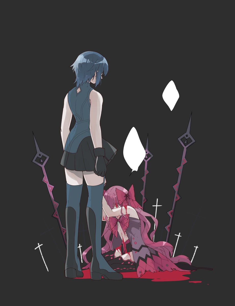 2girls, babydoll, back, bare_shoulders, black_background, black_gloves, black_legwear, black_skirt