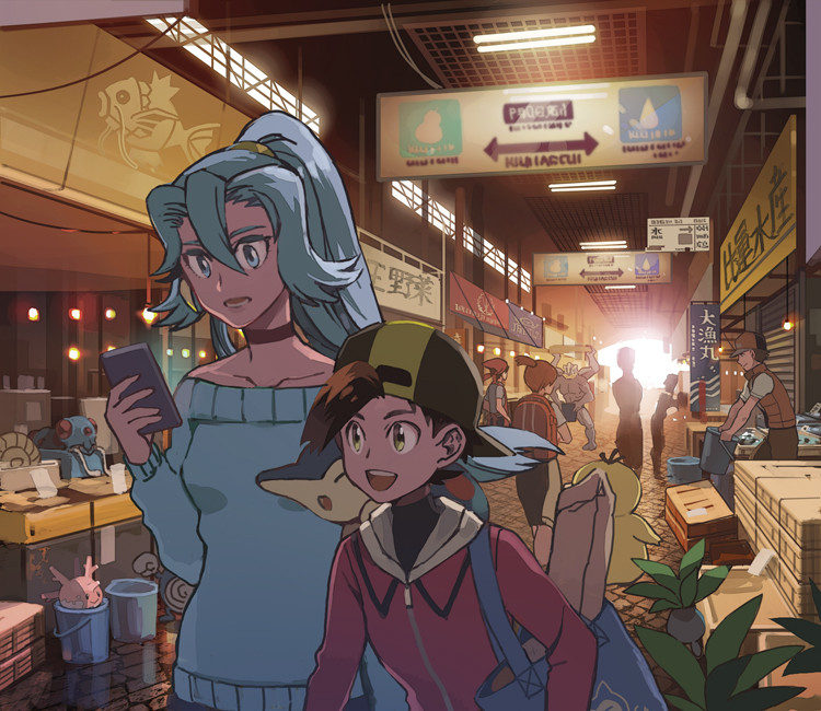 2girls, 3boys, :d, backpack, backpacker_(pokemon), backwards_hat, bad_id, bad_pixiv_id, bag, baseball_cap, blue_eyes, blue_sweater, brown_choker, brown_hair, bucket, choker, clair_(pokemon), collarbone, commentary_request, corsola, cyndaquil, ethan_(pokemon), fisher_(pokemon), gen_1_pokemon, gen_2_pokemon, grey_bag, hair_between_eyes, hair_tie, hand_up, hat, holding, jacket, long_hair, long_sleeves, lower_teeth_only, machamp, magikarp, multiple_boys, multiple_girls, nintendo, oddish, off-shoulder_sweater, off_shoulder, open_mouth, pokemon, pokemon_(creature), pokemon_heartgold_and_soulsilver, pokemon_on_back, ponytail, psyduck, red_jacket, short_hair, sign, smile, sweater, teeth, tentacool, tongue, upper_teeth_only, xichii, zipper_pull_tab