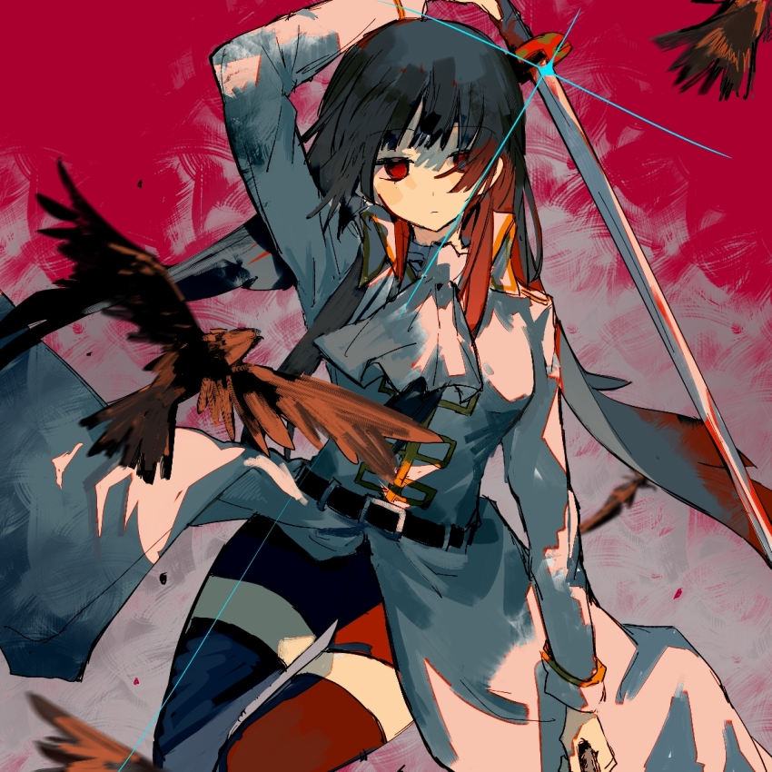 1girl, ascot, bird, blood, blue_hair, blunt_bangs, crow, dark_blue_hair, gintama, he_(minty), highres, holding, holding_sword, holding_weapon, imai_nobume, long_hair, long_sleeves, looking_at_viewer, military, military_uniform, red_eyes, red_theme, shorts, solo, sword, thighhighs, weapon