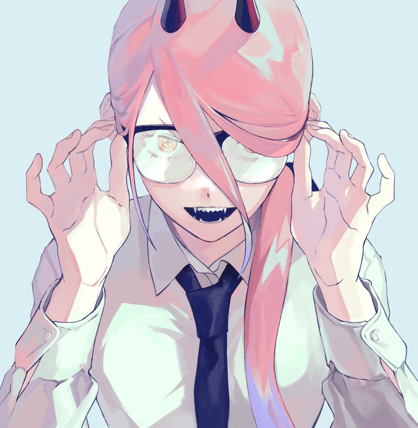 +_+, 1girl, adjusting_eyewear, bespectacled, black_necktie, blue_background, chainsaw_man, collared_shirt