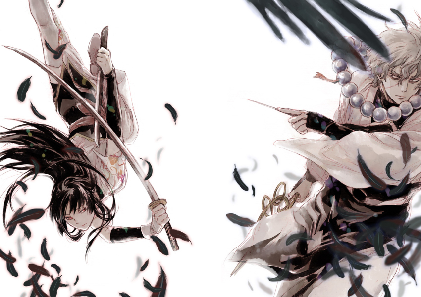 acaco, beads, bird, black_hair, crow, falling_feathers, feathers, gintama