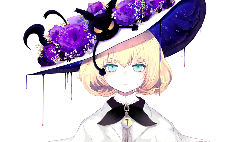 1girl, bell, black_cat, blonde_hair, blue_eyes, cat, commentary, downer_witch_(vocaloid), dripping, english_commentary, expressionless, flower, hat, highres, jacket, jet_lee_(augustineleejet), lucie_(millie_parfait), millie_parfait, mixed-language_commentary, nijisanji, nijisanji_en, parody, portrait, purple_flower, purple_rose, rose, short_hair, solo, virtual_youtuber, vocaloid, white_background, white_jacket, witch_hat