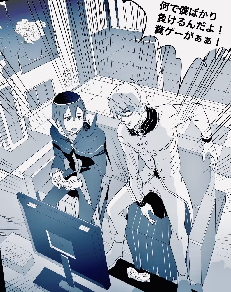 2boys, bad_id, bad_pixiv_id, controller, couch, game_controller, long_sleeves, mirayskw