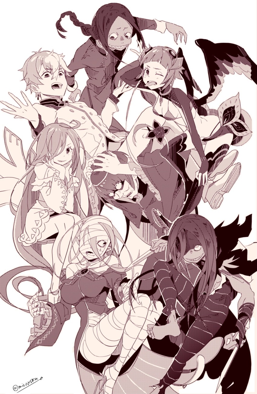 3girls, 4boys, bad_id, bad_pixiv_id, bandages, blunt_bangs, braid, capella_emerada_lugnica