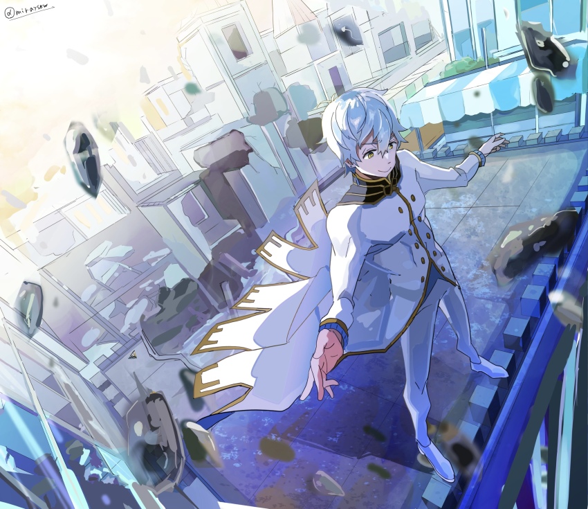 1boy, bad_id, bad_pixiv_id, cityscape, curly_hair, formal_clothes, from_above, highres, mirayskw, outstretched_arms, re:zero_kara_hajimeru_isekai_seikatsu, regulus_corneas, rubble, smile, solo, standing, suit, white_hair, white_suit, yellow_eyes