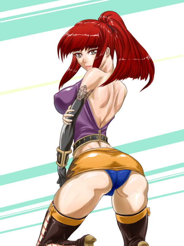 bare_back, bare_shoulders, elbow_gloves, gloves, grey_eyes, karin_koenig, long_hair, looking_back