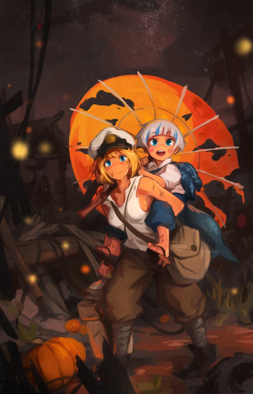 2girls, absurdres, bag, blonde_hair, blue_hair, blush_stickers, boots, breasts, bucket, carrying, commentary, cosplay, crossover, english_commentary, fireflies, gawr_gura, studio_ghibli, halloween, halloween_costume, hat, highres, hololive, hololive_english, hotaru_no_haka, khyle., medium_breasts, military_hat, multicolored_hair, multiple_girls, night, oil-paper_umbrella, open_mouth, outdoors, pants, parody, piggyback, pumpkin, sandals, seita_(hotaru_no_haka), setsuko_(hotaru_no_haka), shirt, silver_hair, smile, streaked_hair, torn_umbrella, umbrella, virtual_youtuber, watson_amelia, white_shirt