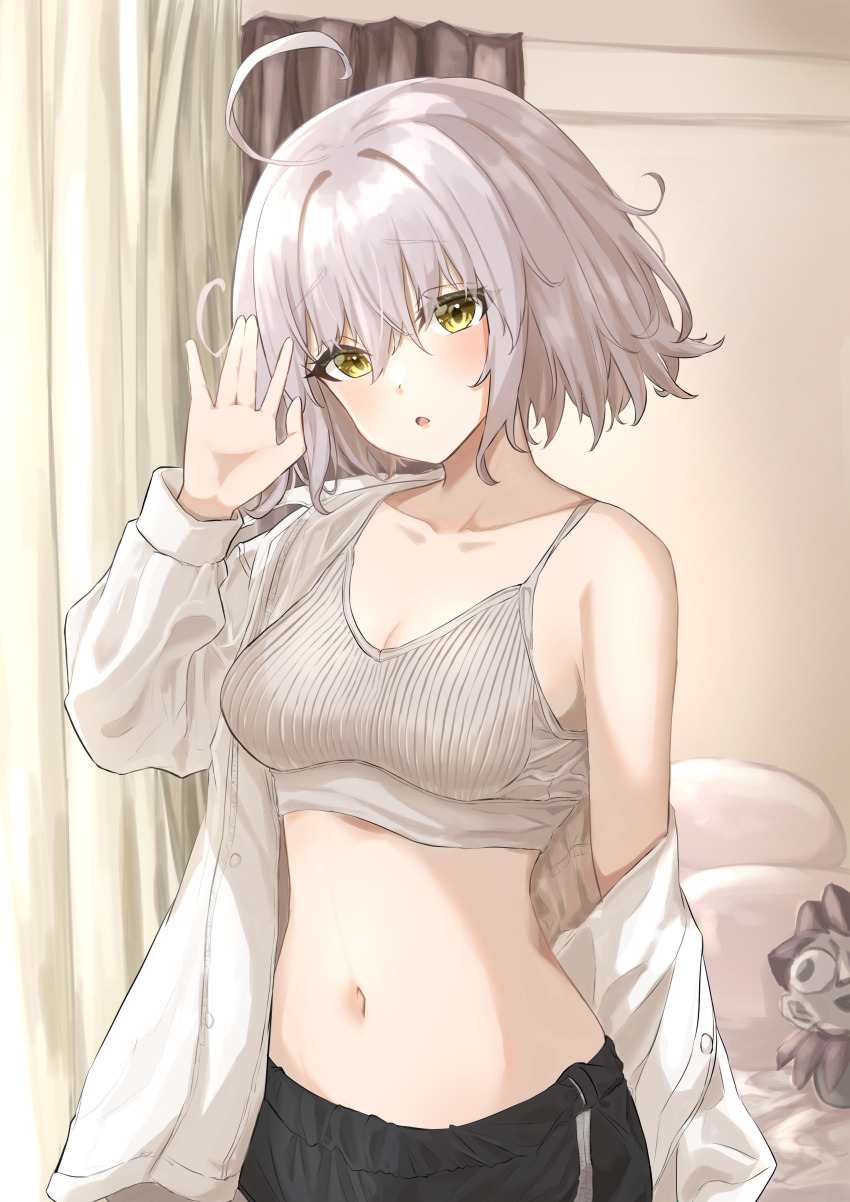 1girl, absurdres, ahoge, black_shorts, bra, breasts, collarbone, fate/grand_order
