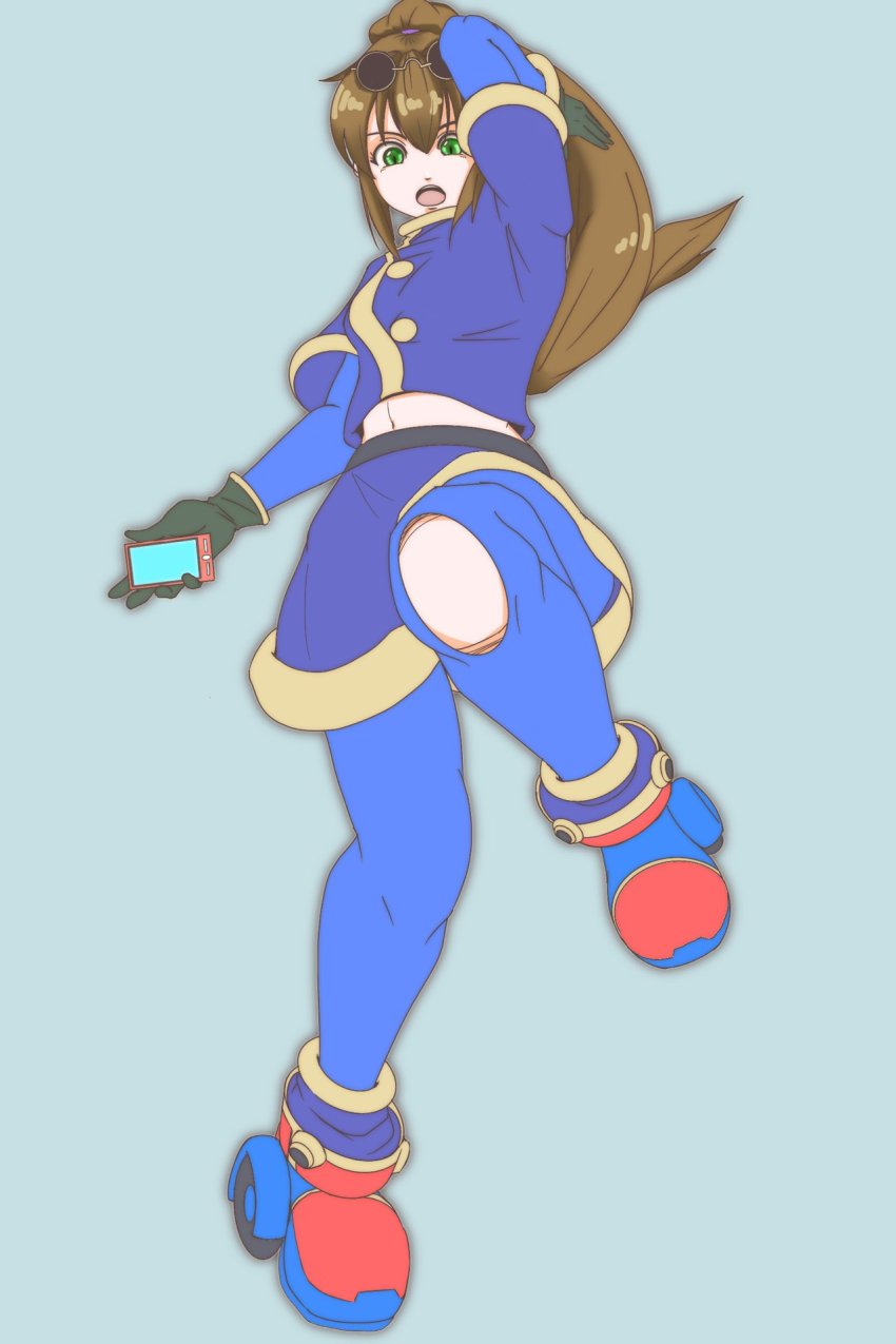 1girl, brown_hair, cellphone, eyewear_on_head, gloves, green_eyes, highres, kodanuki